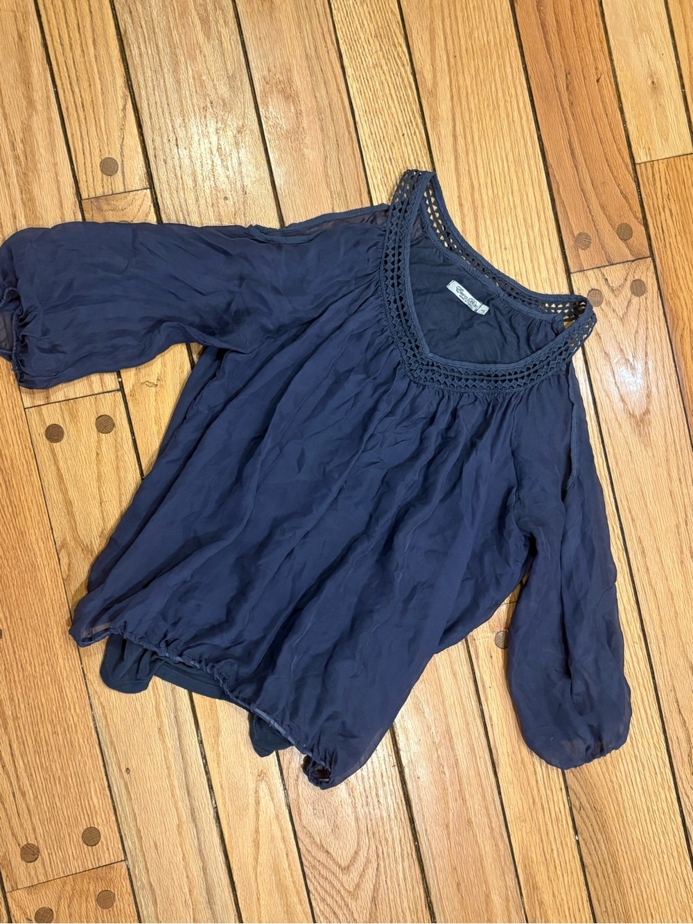 Elena Baldi Women’s Crochet-Neck Navy Peasant Silk Blouse - Picture 1 of 3